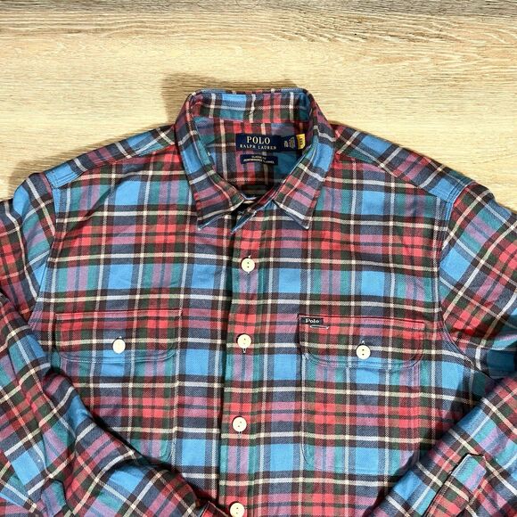 Polo Ralph Lauren Blue Red Performance Flannel Double Button Shirts Men's XL - Picture 2 of 12